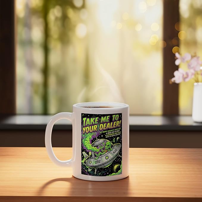Take Me to Your Cannabis Stoner 420 Alien UFO Sci-Fi Weed Ceramic Mug, White