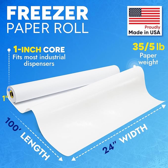 24" x 1200" (100') Made in USA White Freezer Paper Roll – Moisture-Resistant Wrap, Prevents Freezer Burn, Keeps Meat Fresh for up to 1 year – Plastic Coated Paper for Meat, Fish, and Poultry