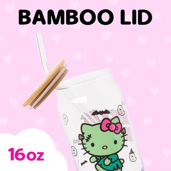 Silver Buffalo Sanrio Hello Kitty Halloween Spooky Frankenstein Glass Jar Tumbler with Bamboo Lid and Glass Straw, 16 ounces