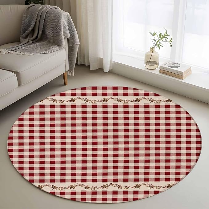 Washable Round Area Rug Vintage Red Buffalo Plaid Berry Circle Rugs Floor Carpet for Living Room Bedroom, Farmhouse Western Star Soft Non Slip Round Rug 3ft