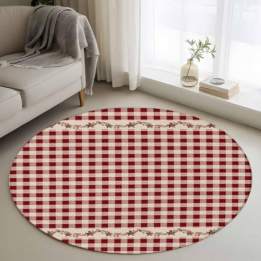 Washable Round Area Rug Vintage Red Buffalo Plaid Berry Circle Rugs Floor Carpet for Living Room Bedroom, Farmhouse Western Star Soft Non Slip Round Rug 3ft