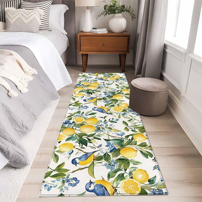Runner Rug for Bedroom Hallway, Pastoral Vintage Lemon Blue Bird Kitchen Runner Rugs Area Rug 2x6ft, Retro Yellow Fruit Flowers Washable Soft Floor Carpet for Entryway Stair