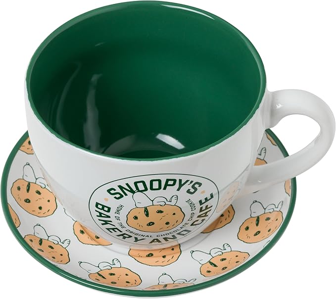 Silver Buffalo Peanuts Snoopy's Bakery and Cafe Cookie Pattern Oversized Ceramic Teacup and Saucer Set, 22 Ounces
