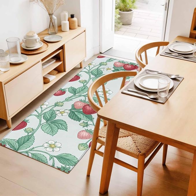 Runner Rug for Bedroom Hallway, Strawberries White Flowers Kitchen Runner Rugs Area Rug 2x6ft, Rustic Garden Botanical Washable Soft Floor Carpet for Entryway Stair