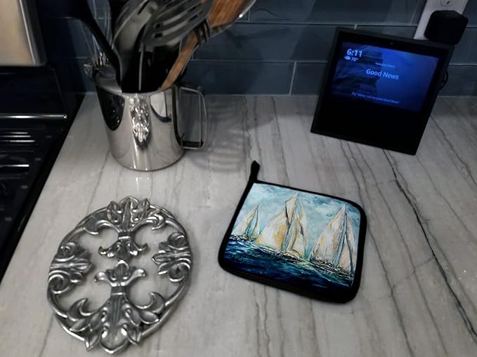 Caroline's Treasures MW1355PTHD Sailboats Last Mile Pair of Pot Holders Kitchen Heat Resistant Pot Holders Sets Oven Hot Pads for Cooking Baking BBQ, 7 1/2 x 7 1/2