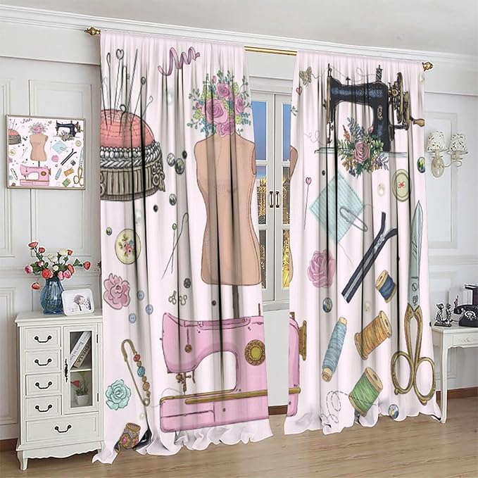 Fashion Blackout Curtain,Clothes Sewing Theme for Women Girls Watercolor Style Window Curtains Dining Room Kitchen Bedroom Living Room Office Nursery Drapes,72x63 in