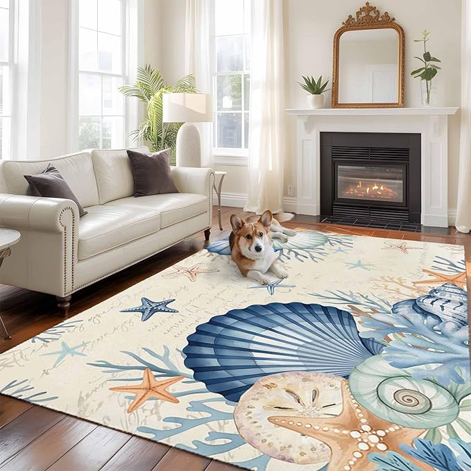 Area Rug 6x9ft, Summer Blue Shells Starfish Washable Rugs for Living Room Bedroom, Vintage Coral Shells Fish Soft Non-Slip Area Rugs Rectangle Floor Carpet for Dining Room