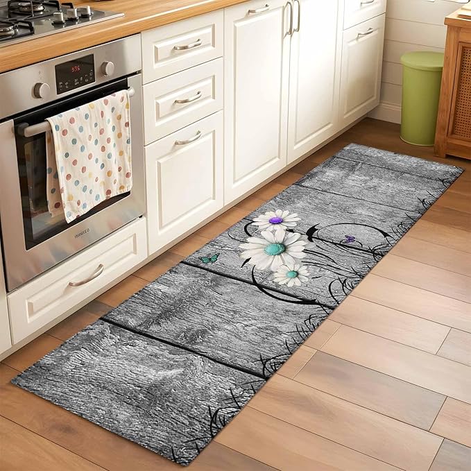 Runner Rug for Bedroom Hallway, Farm Daisy Shabby Wood Grain Kitchen Runner Rugs Area Rug 2x6ft, Vintage Flower Plant Butterfly Washable Soft Floor Carpet for Entryway Stair