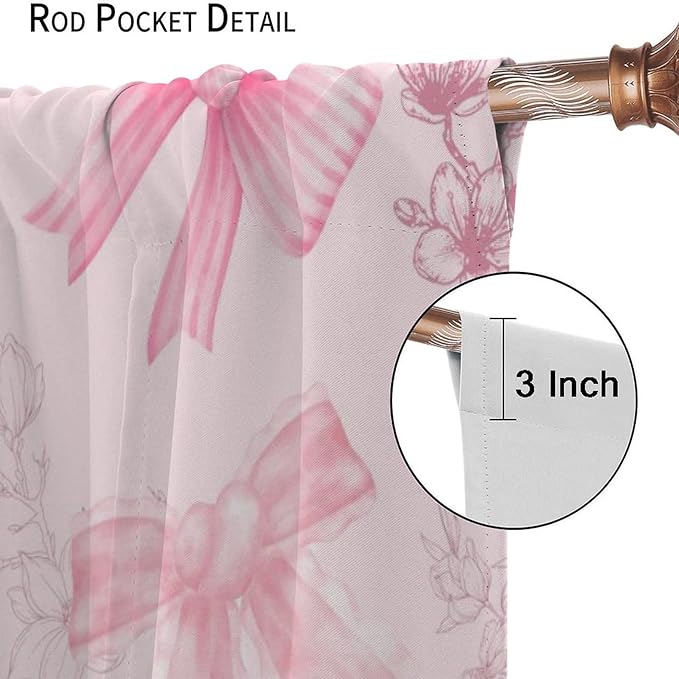 Pink Bow Blackout Curtain,Girly Kids Flower Fashion Floral Cute Bownot Modern Window Curtains for Dining Room Living Room Kitchen Cafe Bedroom Office Drapes,63x63 in