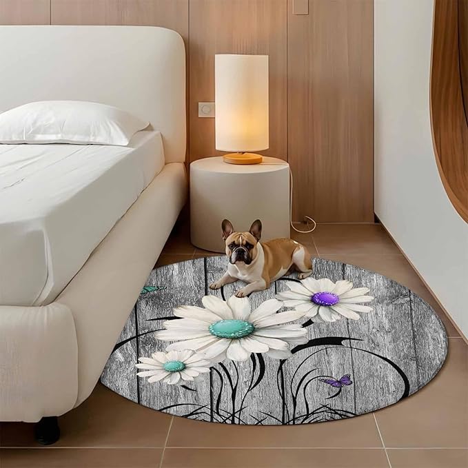 Washable Round Area Rug Farm Daisy Shabby Wood Grain Circle Rugs Floor Carpet for Living Room Bedroom, Vintage Flower Plant Butterfly Soft Non Slip Round Rug 3ft