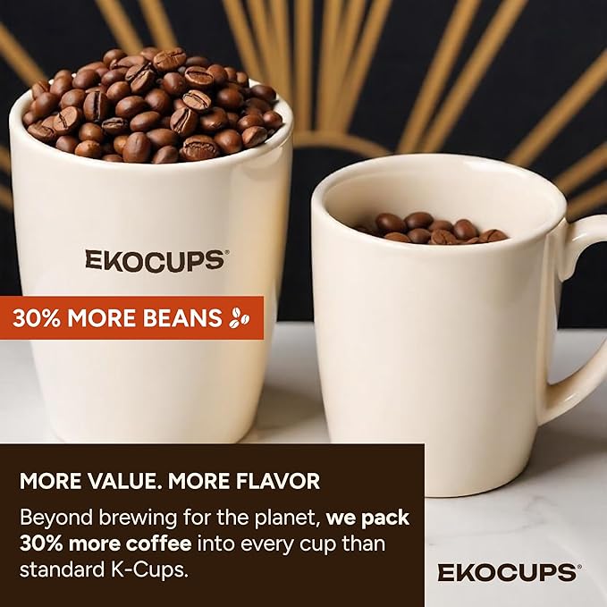 EKOCUPS Organic Swiss Water Decaf French Roast Coffee Pods, Extra 30% More Coffee Per Cup, Artisan Fair Trade Dark Roast, Decaf French Roast for Keurig K Cup Machines, Recyclable Pods, 80 Count
