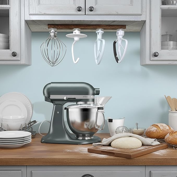 Stand Mixer Attachment Holder, Wood Wall Mounted Holder with 4-Pack Plastic Hangers, Kitchen Accessories Storage Organizer Parts Compatible with Kitchenaid Mixer Attachments for Space-saving, Walnut