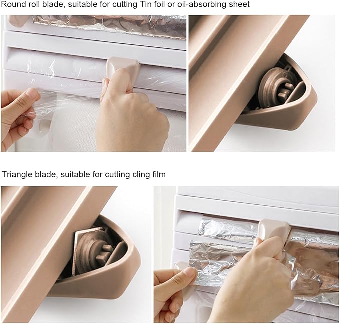 Wall - Mounted Kitchen Cling Film and Foil Storage Rack with Built - In Cutter, Paper Towel Holder, Aluminum Foil Dispenser for Home Cooking Organization (Khaki)