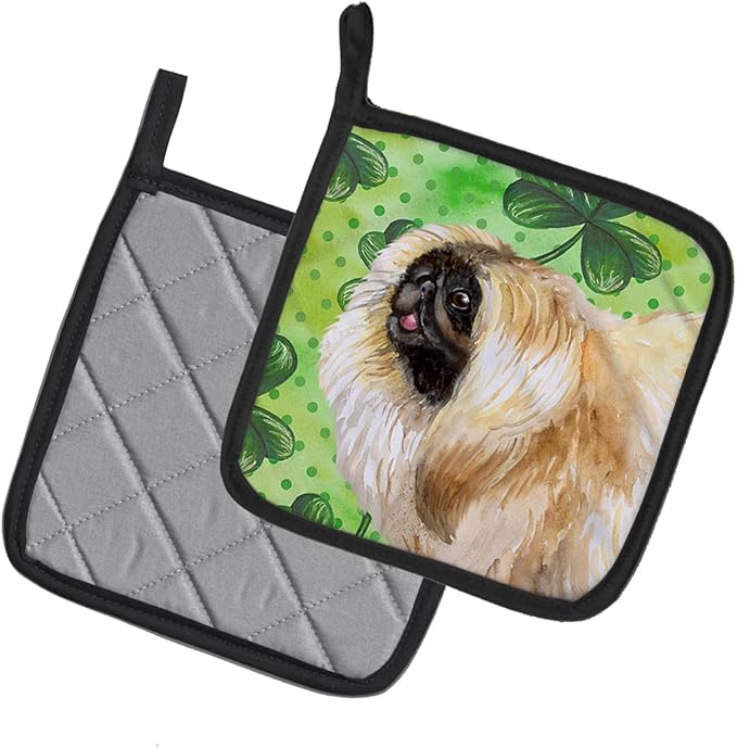 Caroline's Treasures BB9855PTHD Pekingese St Patrick's Pair of Pot Holders, Green Kitchen Heat Resistant Pot Holders Sets Oven Hot Pads for Cooking Baking BBQ, 7 1/2 x 7 1/2