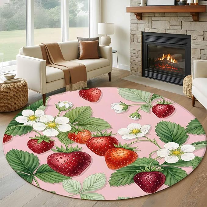 Washable Round Area Rug Summer Strawberry Bush on Pink Circle Rugs Floor Carpet for Living Room Bedroom, Forest Green Foliage Soft Non Slip Round Rug 5ft