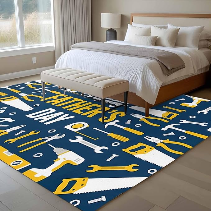 Father's Day Rectangle Rug 8x10 ft Hand Tools Workshop Equipment Soft Area Rug for Living Room Washable Non-Slip Carpet Indoor Mat for Bedroom Dining Room Holiday Decor