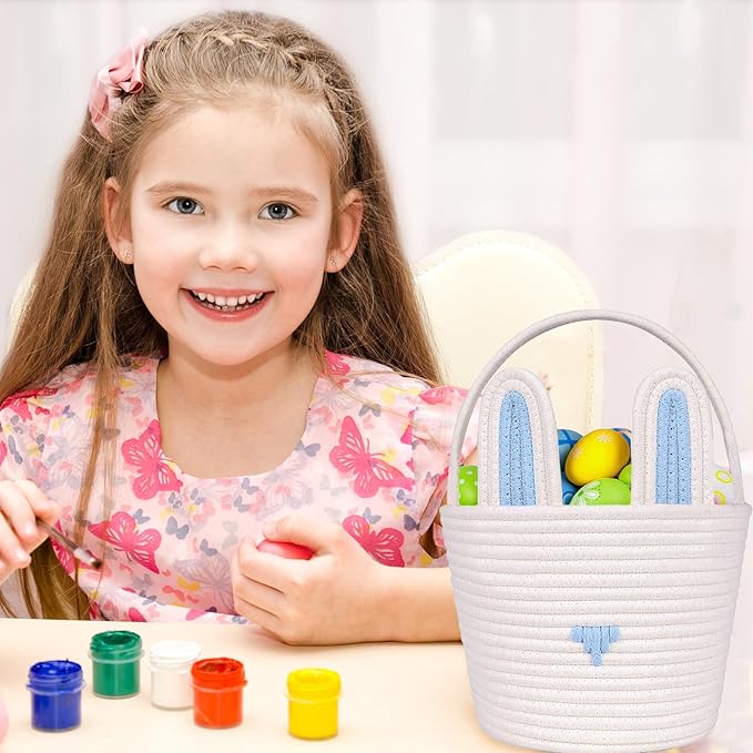 Poschnor Large Easter Basket with Gift Bags and Ribbons, Easter Bunny Basket for Kids, Woven Cotton Rope Basket for gifting, Blue/White
