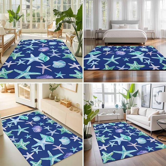 Area Rug 3x5ft, Summer Starfish Shell Conch Washable Rugs for Living Room Bedroom, Marine Creature on Blue Soft Non-Slip Area Rugs Rectangle Floor Carpet for Dining Room