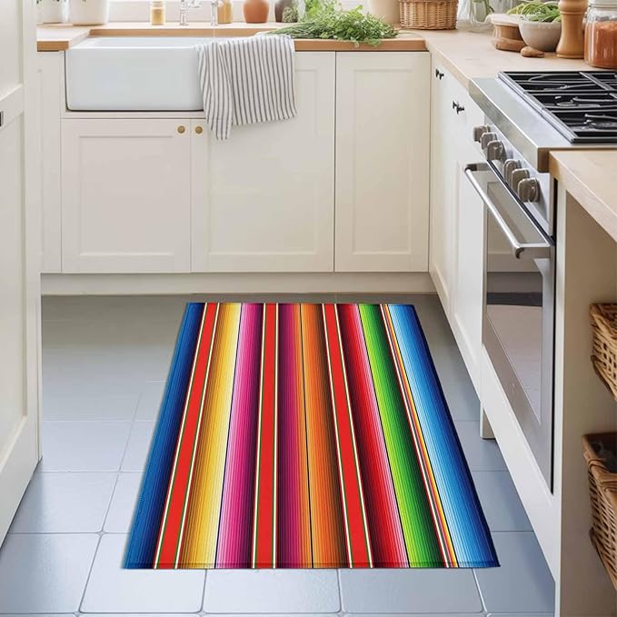 Area Rug 2x3ft, Mexican Stripes Vintage Ethnic Washable Rugs for Living Room Bedroom, Native American Stripe Soft Non-Slip Area Rugs Rectangle Floor Carpet for Dining Room