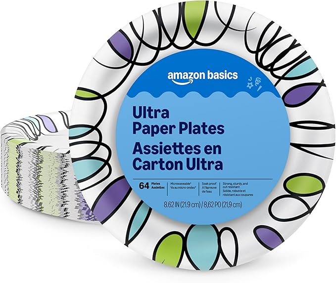 Amazon Basics Ultra Paper Plates, 8.62 Inch, Disposable, 64 Count, Packaging May Vary