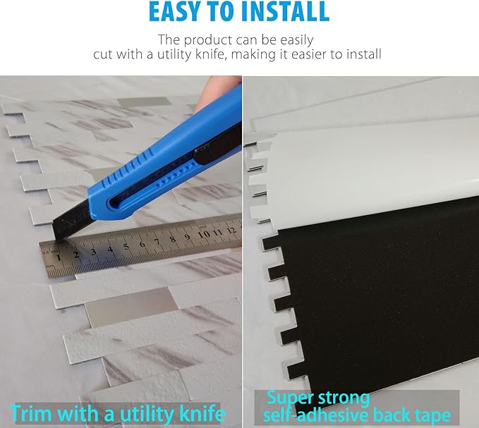 10-Sheet Peel and Stick Backsplash Tile, PVC Mixed Metal Stick on Kitchen, Bathroom Vanities, Fireplace Décor, Laundry Table(White Marble + Silver-2)