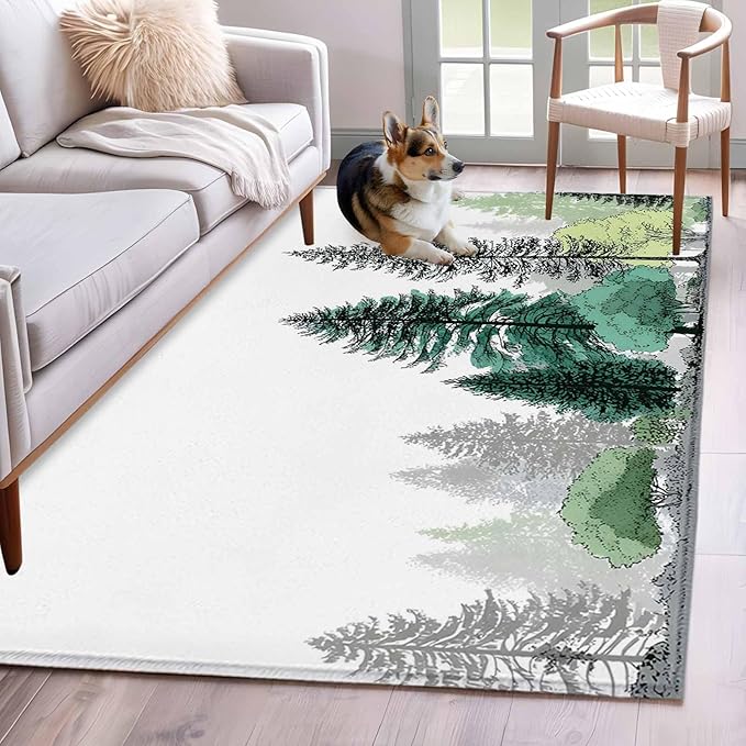 Area Rug 4x6ft, Minimalist Pine Tree Washable Rugs for Living Room Bedroom, Farmhouse Watercolor Plants Soft Non-Slip Area Rugs Rectangle Floor Carpet for Dining Room