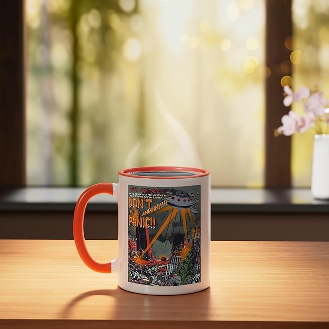 UFO Flying Saucer Invasion 1950s Sience Fiction Abduction Ceramic Mug, Orange/White