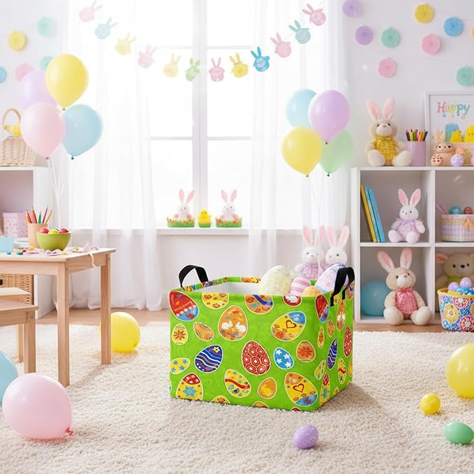 Large Rectangular Cute Kid Easter Basket Empty Bunny Eggs Easter Basket Gift Spring Room Storage Organizer Décor (E-08)