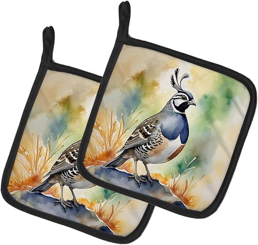 Caroline's Treasures California Quail Pair of Pot Holders Kitchen Heat Resistant Pot Holders Sets Oven Hot Pads for Cooking Baking BBQ, 7 1/2 x 7 1/2