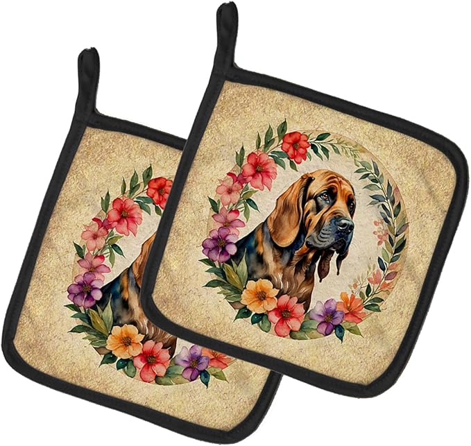 Caroline's Treasures Bloodhound and Flowers Pair of Pot Holders Kitchen Heat Resistant Pot Holders Sets Oven Hot Pads for Cooking Baking BBQ, 7 1/2 x 7 1/2