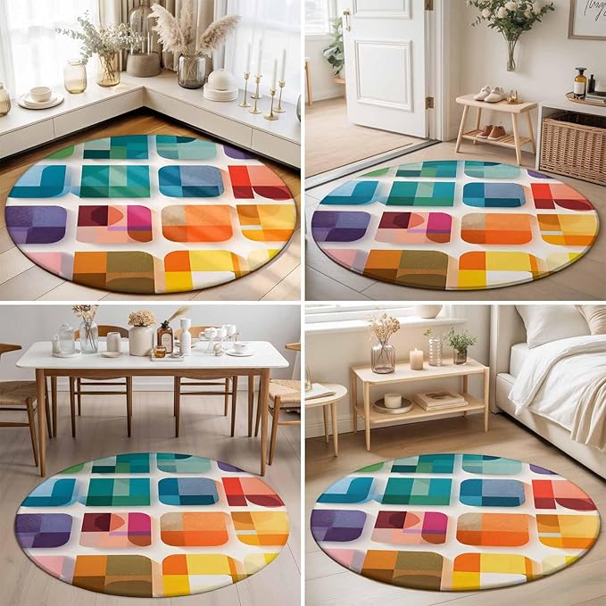 Washable Round Area Rug Modern Geometric Squares Circle Rugs Floor Carpet for Living Room Bedroom, Colorful Abstract Art Soft Non Slip Round Rug 3ft