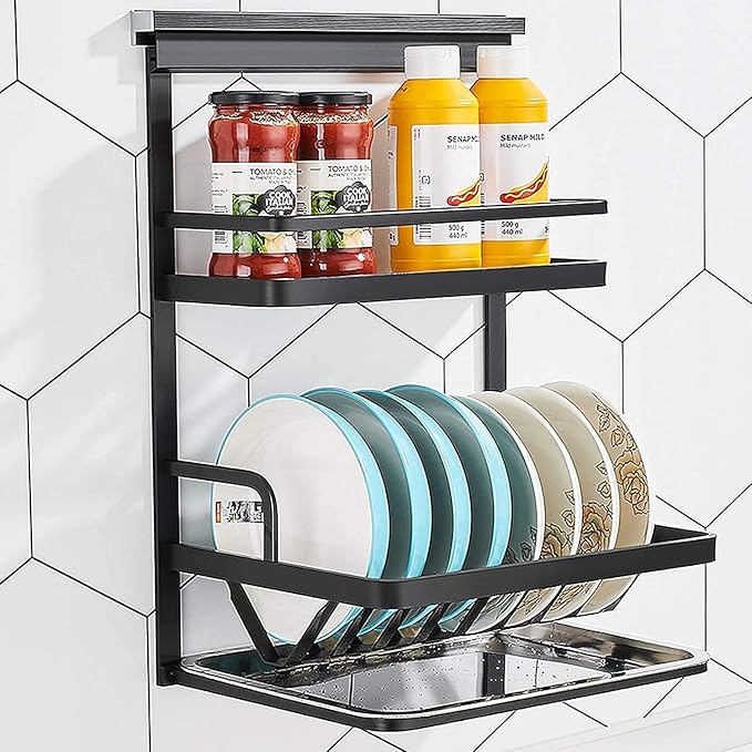 Kitchen Supplies 2-Layer Wall-Mounted Dish Rack Black Storage Kitchen Drain Rack for Storage of Dishes/Kitchenware 49.5 25 38Cm Gifts for Ladies