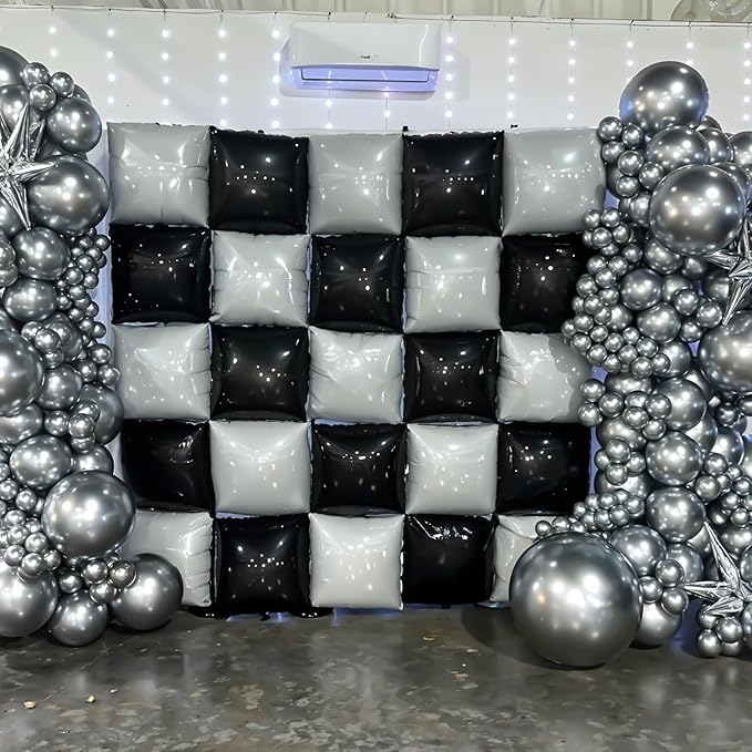 Black White Square Foil Balloon Wall,25Pcs Double Sided Checkered Balloons Backdrop Helium Balloon Tunnel Arch Garland Kit for Birthday Bridal Anniversary Baby Shower Party Decorations