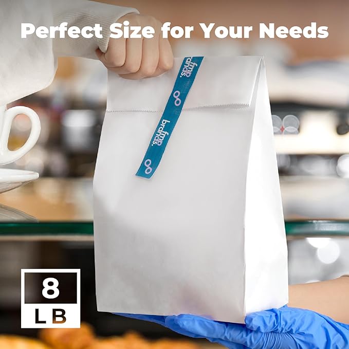 Fit Meal Prep 200 Pack 8 lb White Paper Lunch Bags, 12.4 x 6 x 4" Premium White Paper Bags Bulk for SmallBusiness, Recyclable Snack Sacks, Durable Grocery Bag for Food Storage, Packing