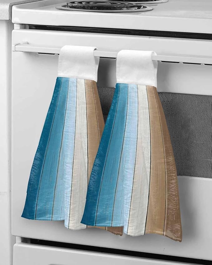 Alandar Home Kitchen Tie Towel Set of 2, Farm Blue Gradient Wood Board Absorbent Soft Hand Towels for Bathroom Hanging Towels, Vintage Brown Wood Grain Fast Drying Cleaning Cloth with Loop