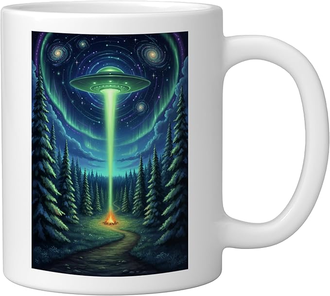 UFO in Forest Campfire Nature Camping Flying Saucer UAP Ceramic Mug, White