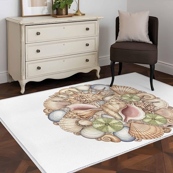 Area Rug 4x6ft, Coastal Colorful Shell Conch Washable Rugs for Living Room Bedroom, Modern Abstract Art Soft Non-Slip Area Rugs Rectangle Floor Carpet for Dining Room