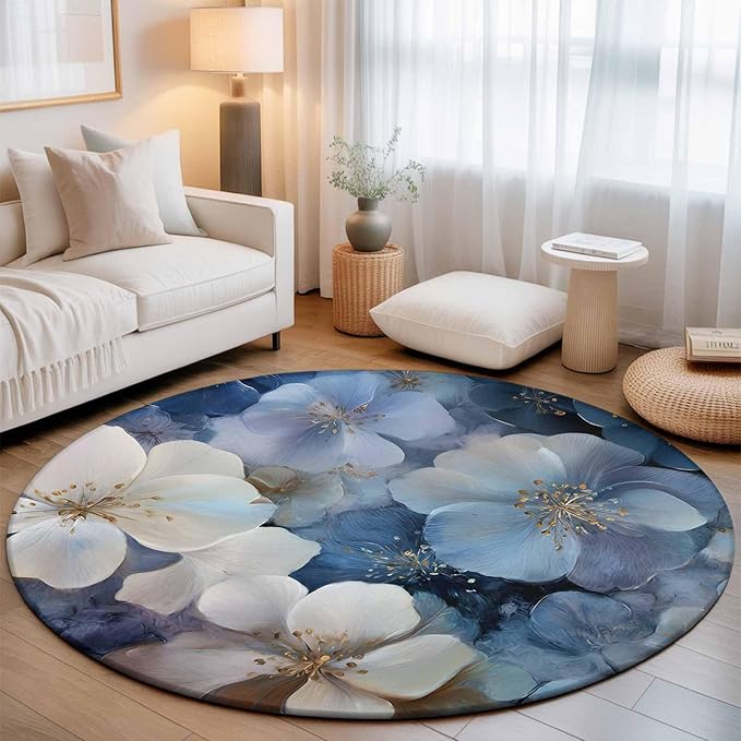 Washable Round Area Rug Watercolor White Navy Blue Floral Foliage Circle Rugs Floor Carpet for Living Room Bedroom, Abstract Flower Soft Non Slip Round Rug 5ft