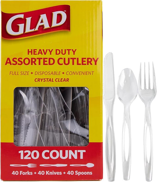 Glad Clear Disposable Cutlery Set with Heavy Duty Plastic Forks, Knives, and Spoons, Reusable Dishwasher Safe Plastic Utensils for Parties and Everyday Use, 120 Count
