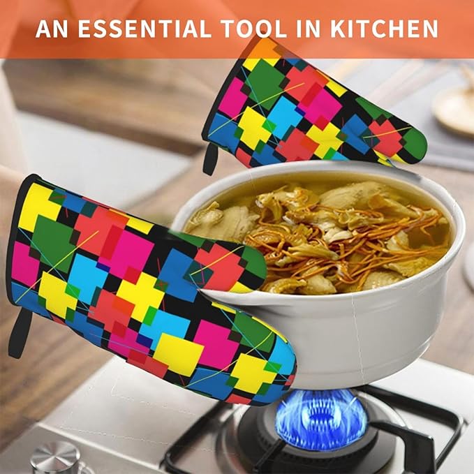 Colored Geometric Square Joined Patterns Oven Mitts of 2-Pack Set, Kitchen Gloves Heat Resistant Non-Slip Kitchen Mitts Safe Cooking Baking Grilling