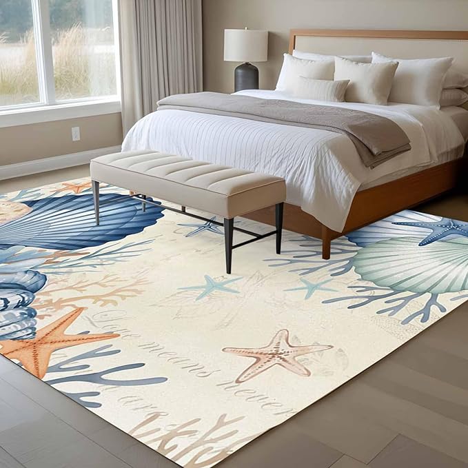 Area Rug 6x9ft, Summer Blue Shells Starfish Washable Rugs for Living Room Bedroom, Vintage Coral Shells Fish Soft Non-Slip Area Rugs Rectangle Floor Carpet for Dining Room