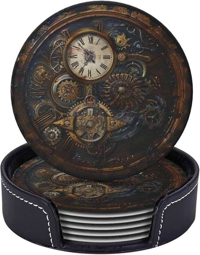 Steampunk Clocks Leather Drinks Coasters with Holder, Set of 6, Suitable for Various Cups