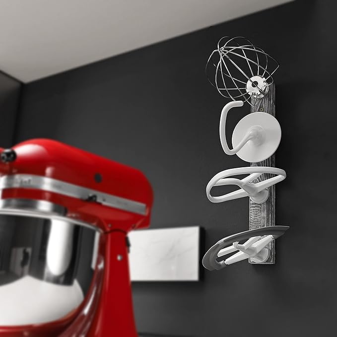 Stand Mixer Attachment Holder, Wooden Wall Mounted Holder with 4-Pack Plastic Hangers, Kitchen Accessories Storage Organizer Parts Compatible with Kitchenaid Mixer Attachments for Space-saving