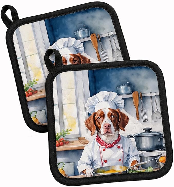 Caroline's Treasures Brittany Spaniel The Chef Pair of Pot Holders Kitchen Heat Resistant Pot Holders Sets Oven Hot Pads for Cooking Baking BBQ, 7 1/2 x 7 1/2