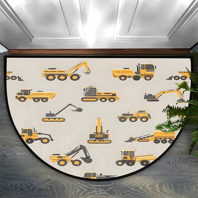 Yellow Excavator Trucks Half-Round Door Mat | Indoor Entrance Half-Moon Rug | Low-Pile | Area Rug, Non-Slip, Absorbent Semi-Circle Welcome Mats for Kitchen, Patio, and Home Decor | 36x24 Inches