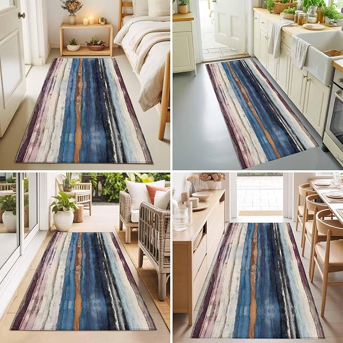 Runner Rug for Bedroom Hallway, Modern Gradient Striped Art Kitchen Runner Rugs Area Rug 2x6ft, Retro Abstract Rustic Texture Washable Soft Floor Carpet for Entryway Stair