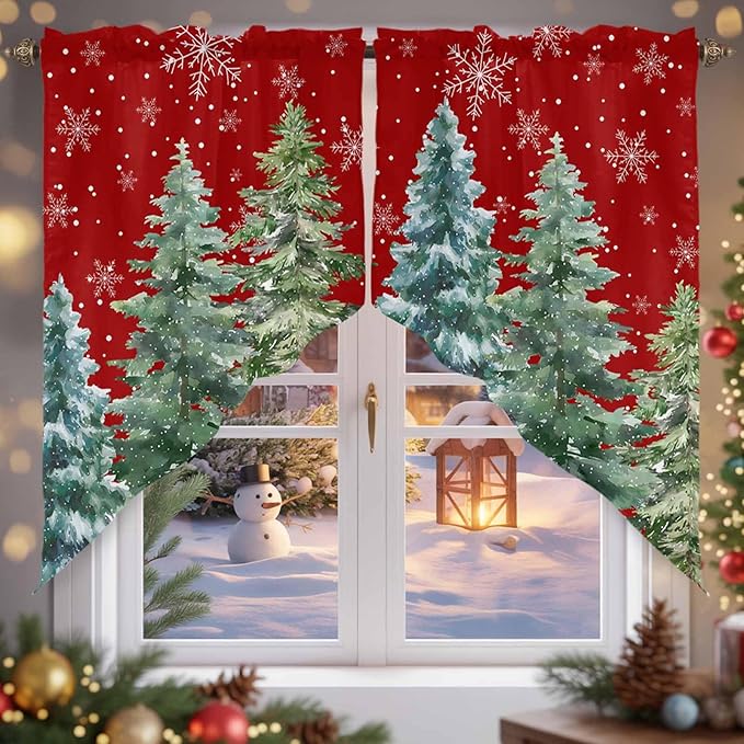 Christmas Tree Swag Valance Curains Winter Pine Tree Xmas Forest Snowflakes Red Rod Pocket Kitchen Curtains Scalloped Window Treatment Valances Swag for Living Room Bedroom, 1 Pair, 28"W x 36"L