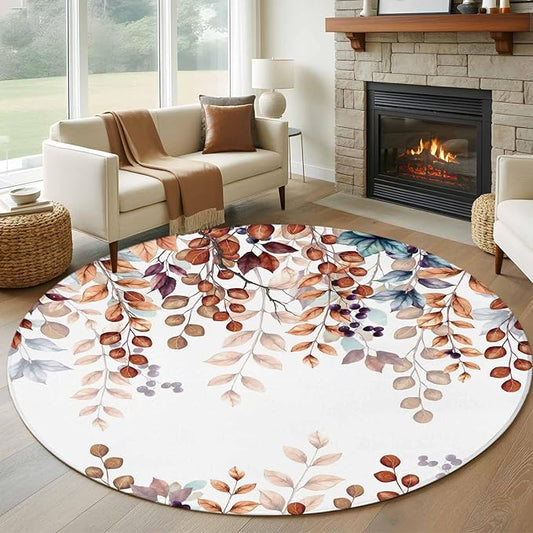 Washable Round Area Rug Fall Orange Watercolor Eucalyptus Leaves Circle Rugs Floor Carpet for Living Room Bedroom, Fallen Leaf on White Soft Non Slip Round Rug 5ft