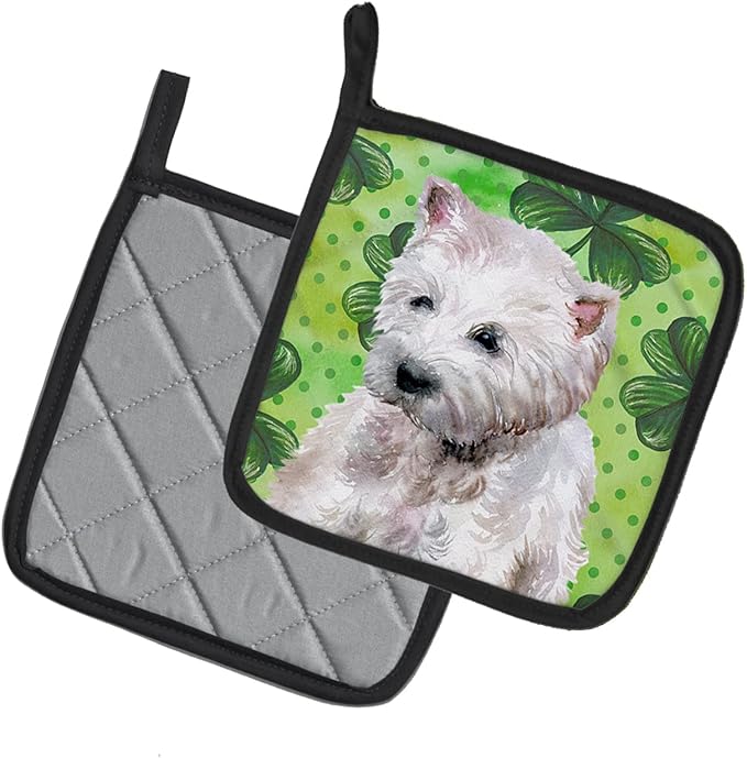 Caroline's Treasures BB9875PTHD Westie St Patrick's Pair of Pot Holders, Green Kitchen Heat Resistant Pot Holders Sets Oven Hot Pads for Cooking Baking BBQ, 7 1/2 x 7 1/2