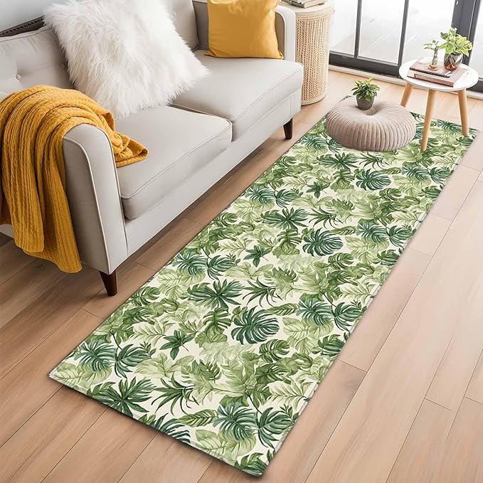 Runner Rug for Bedroom Hallway, Green Palm Leaf Watercolor Kitchen Runner Rugs Area Rug 2x6ft, Summer Tropical Leaves Washable Soft Floor Carpet for Entryway Stair